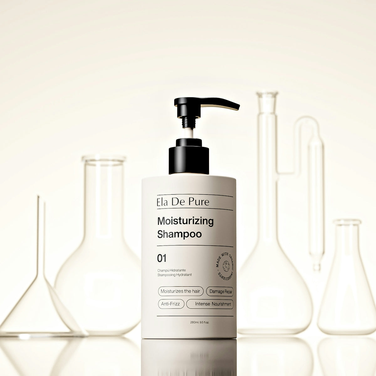 Shampoo bottle with lab equipment in the background.